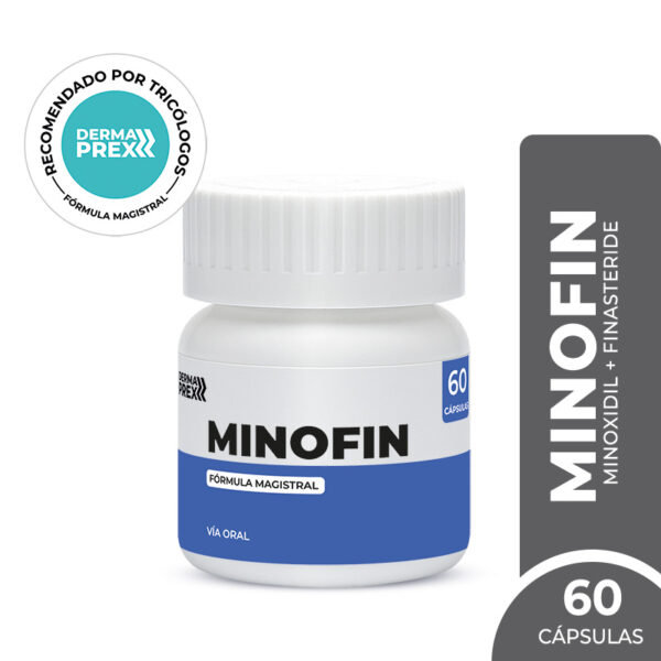 Tratamiento para alopecia androgénica en etapas iniciales- Minofin en cápsulas con Minoxidil y Finasteride- 60 caps